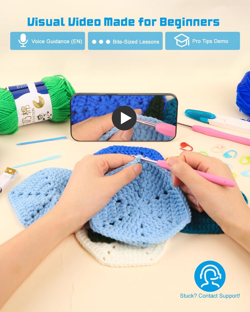 Arborthread Crochet Kit for Beginners, Granny Squares Blanket Knitting Kit w/Step-by-Step Video & Printed Guides for Adults, Kid-Friendly Patterns - Image 3